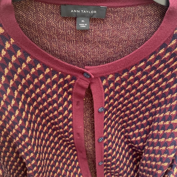 Talbots cardigan button down fine knit size XL burgundy golden yellow geometric - Picture 11 of 11
